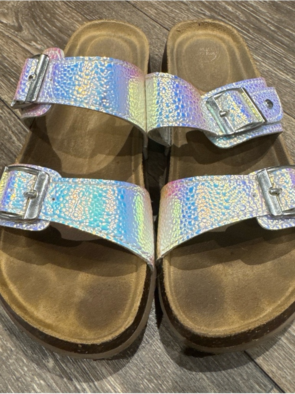 G by Guess Iridescent Holographic Double-Buckle Slide Sandals - Silver Rainbow